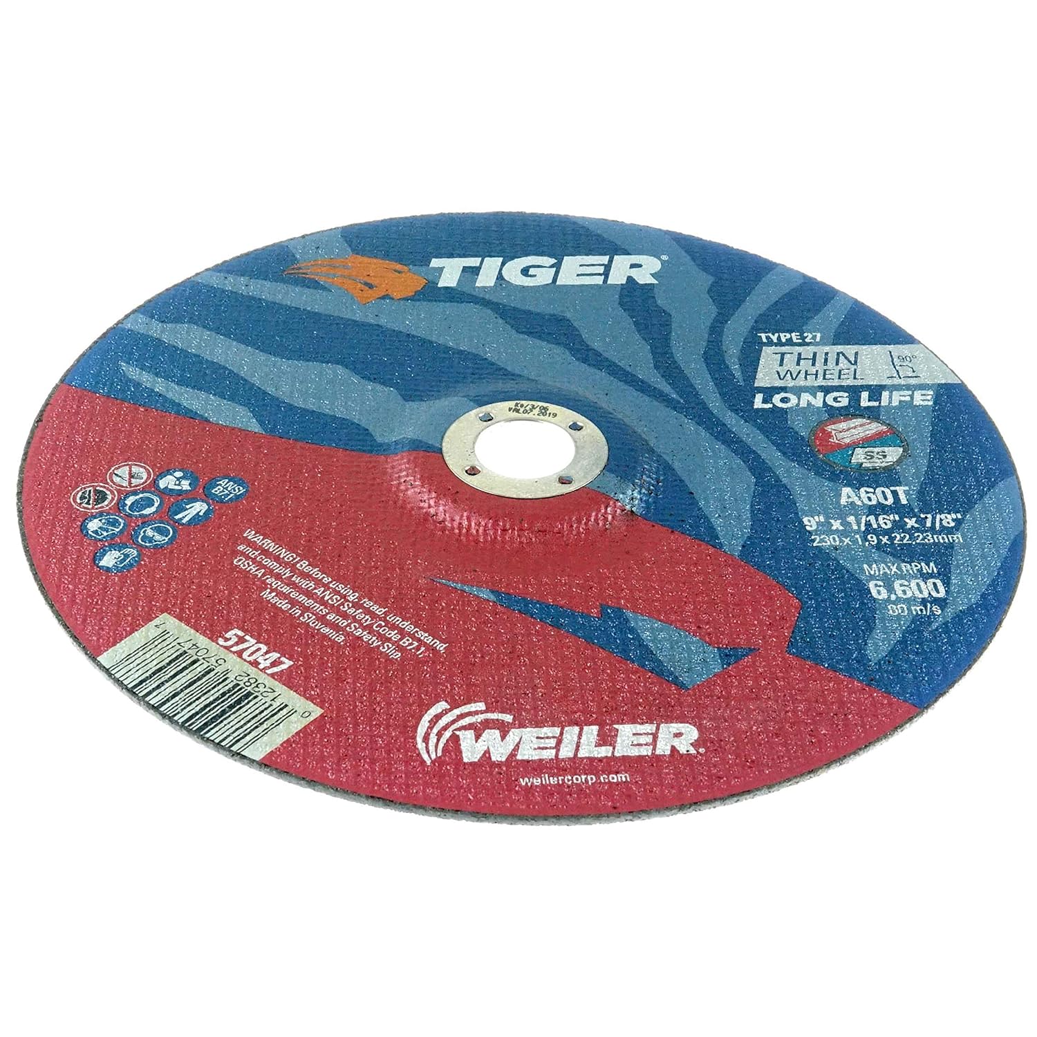 Weiler 57047 9 Inch Cutting Wheel, Tiger AO Steel/Metal Long Life Performance Cutting, 1/16" A60T Type 27 7/8" Arbor