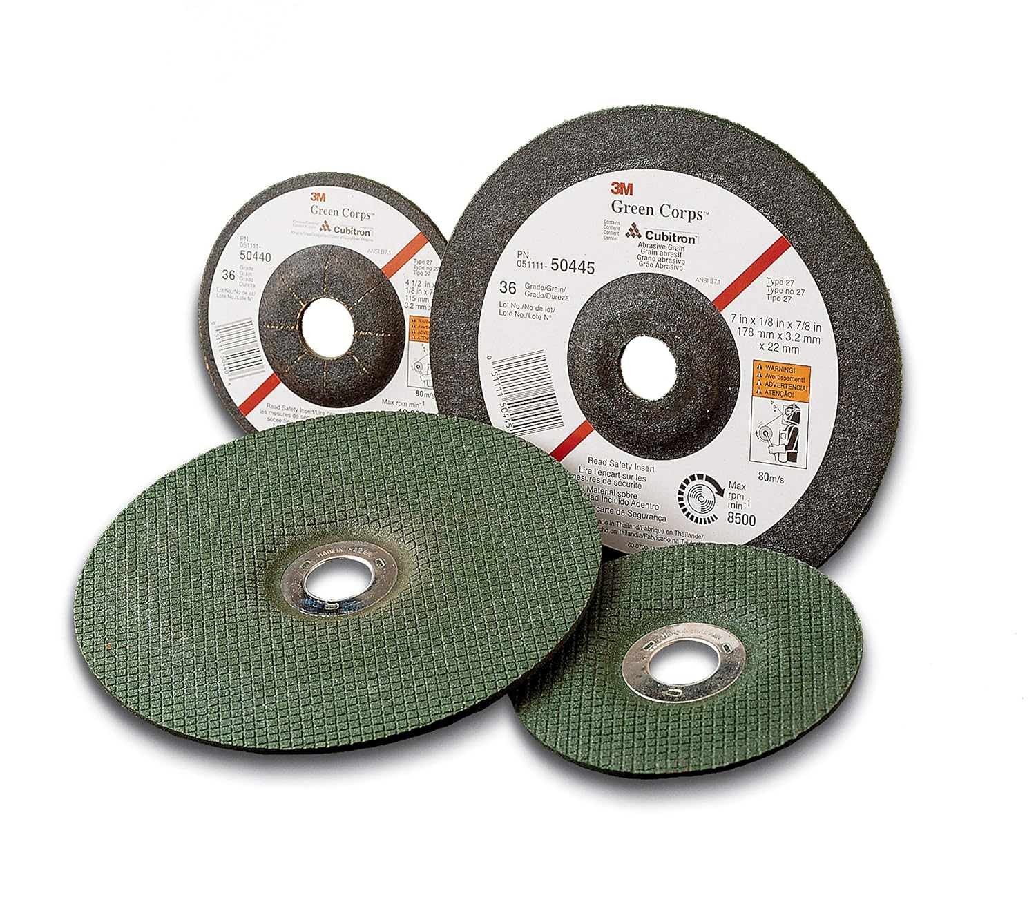 3M Green Corps Depressed Center Grinding Wheel, T27, 7 in x 1/4 in x 5/8-11 Internal 7 in Diameter x 1/4 in Thick, 5/8 in