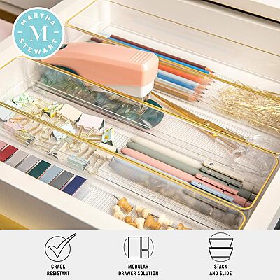Martha Stewart Kerry Plastic Stackable Office Desk Drawer Organizers with Gold Trim