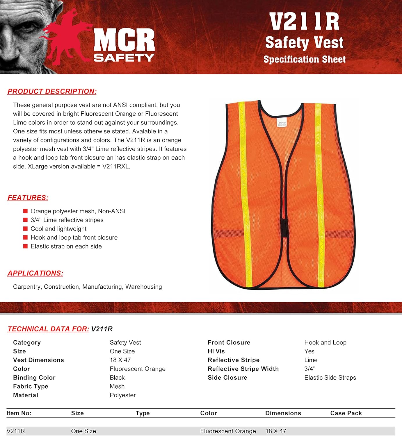 MCR Safety V211R Polyester Mesh General Purpose Safety Vest with 3/4-Inch Lime Reflective Stripe, Fluorescent Orange