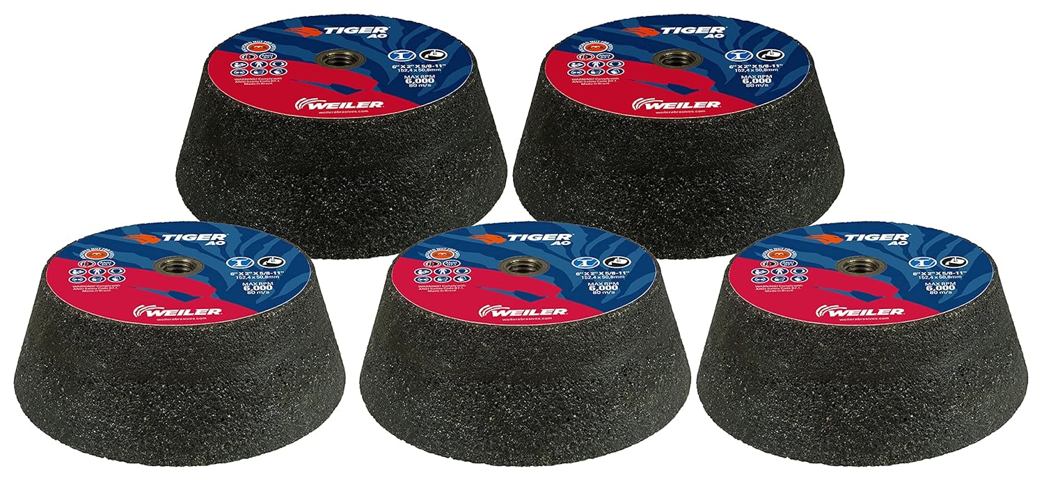 Weiler 68356 Tiger AO Type 11 Flaring Cup Wheel, A16-Q, 6/4-3/4 x 2 x 5/8-11, Rim 1", Back 3/4", (Pack of 5)
