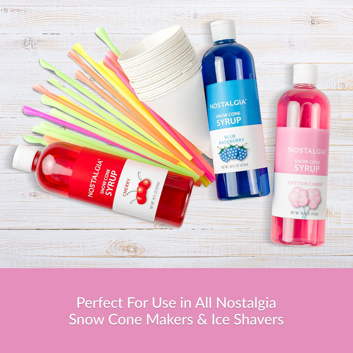 NOSTALGIA Snow Cone Syrup Party Kit with Cups and Spoon-Straws
