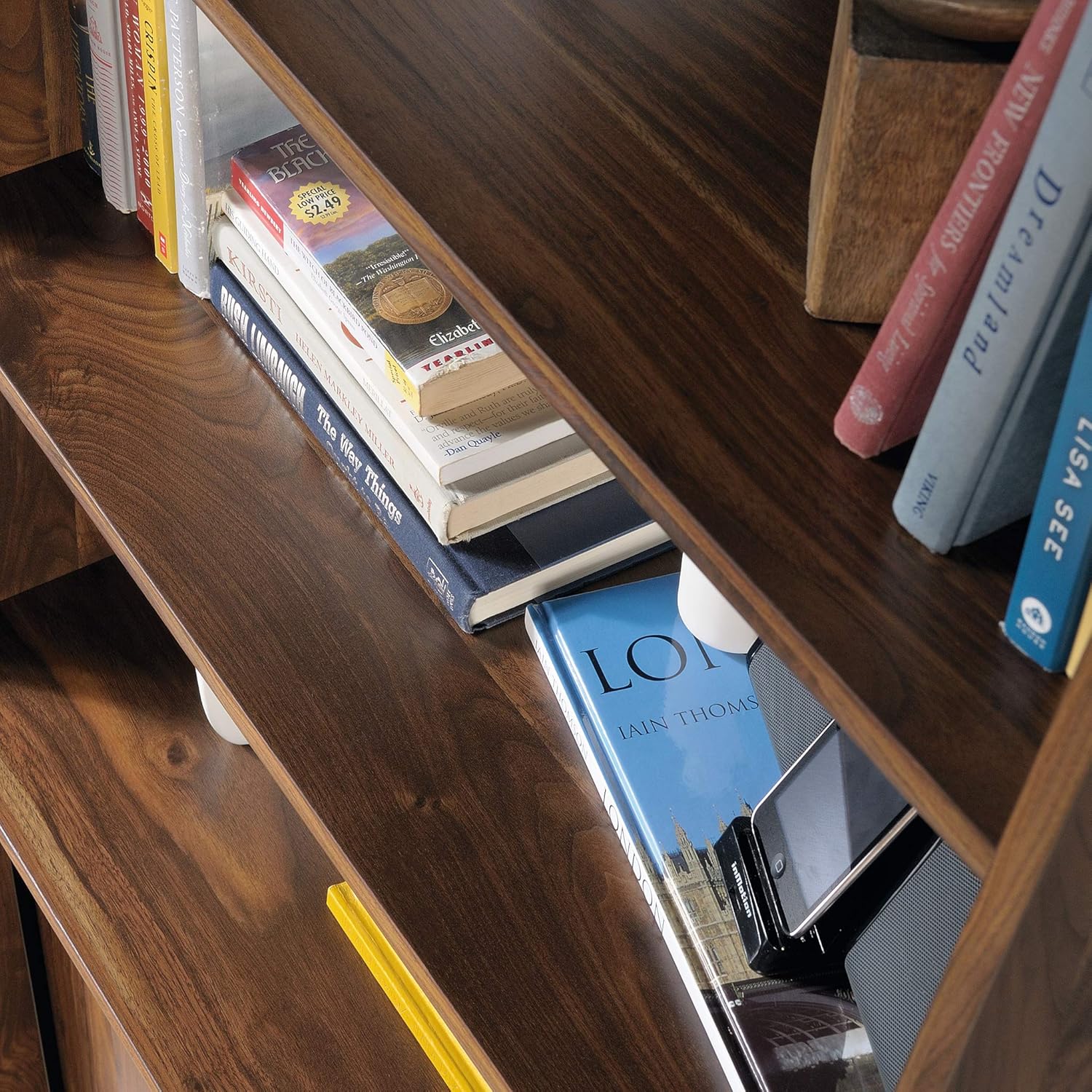 Sauder Harvey Park 71inH 5-Shelf Bookcase With Doors, Grand Walnut