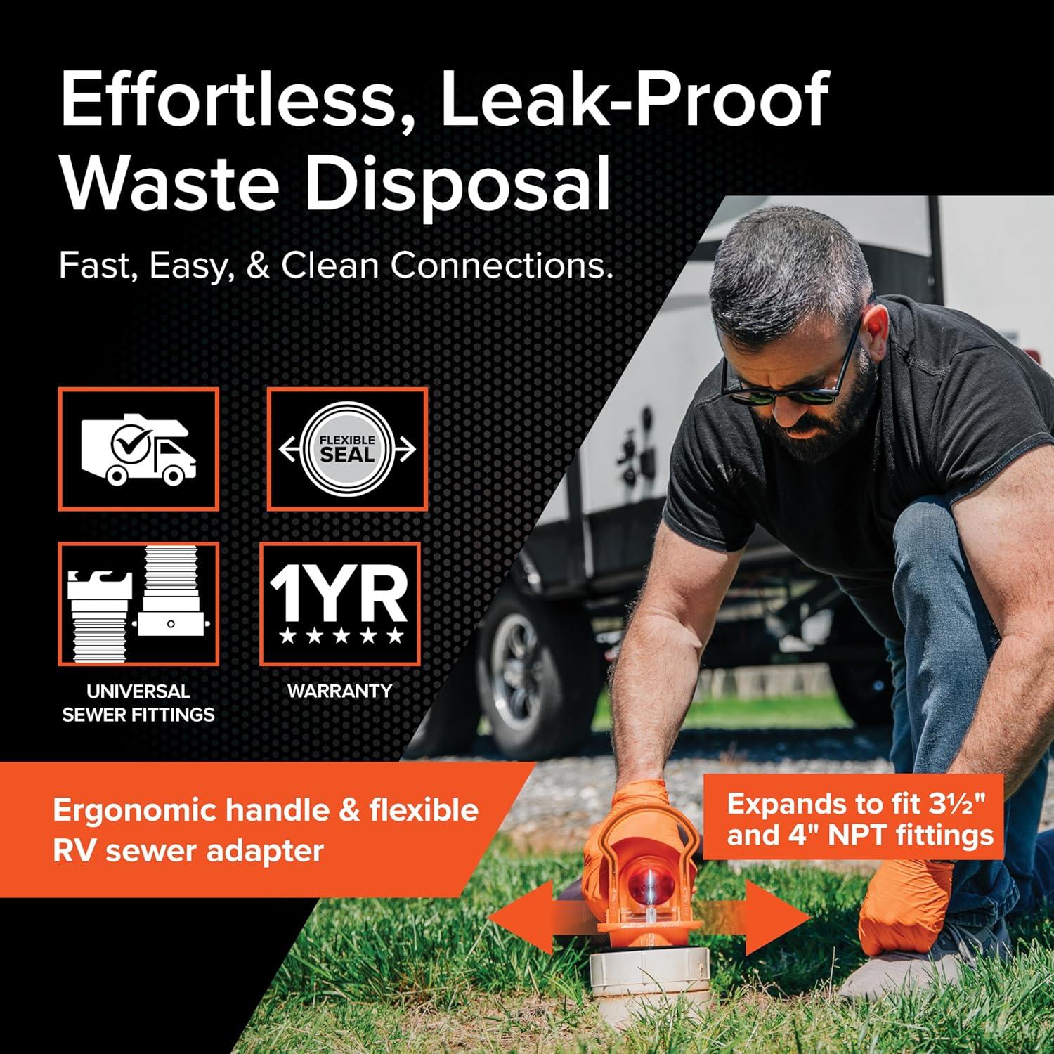 Camco Rhino RV Sewer Adapter PRO - Clear Sewer Hose Elbow with Drain Lock Adapter