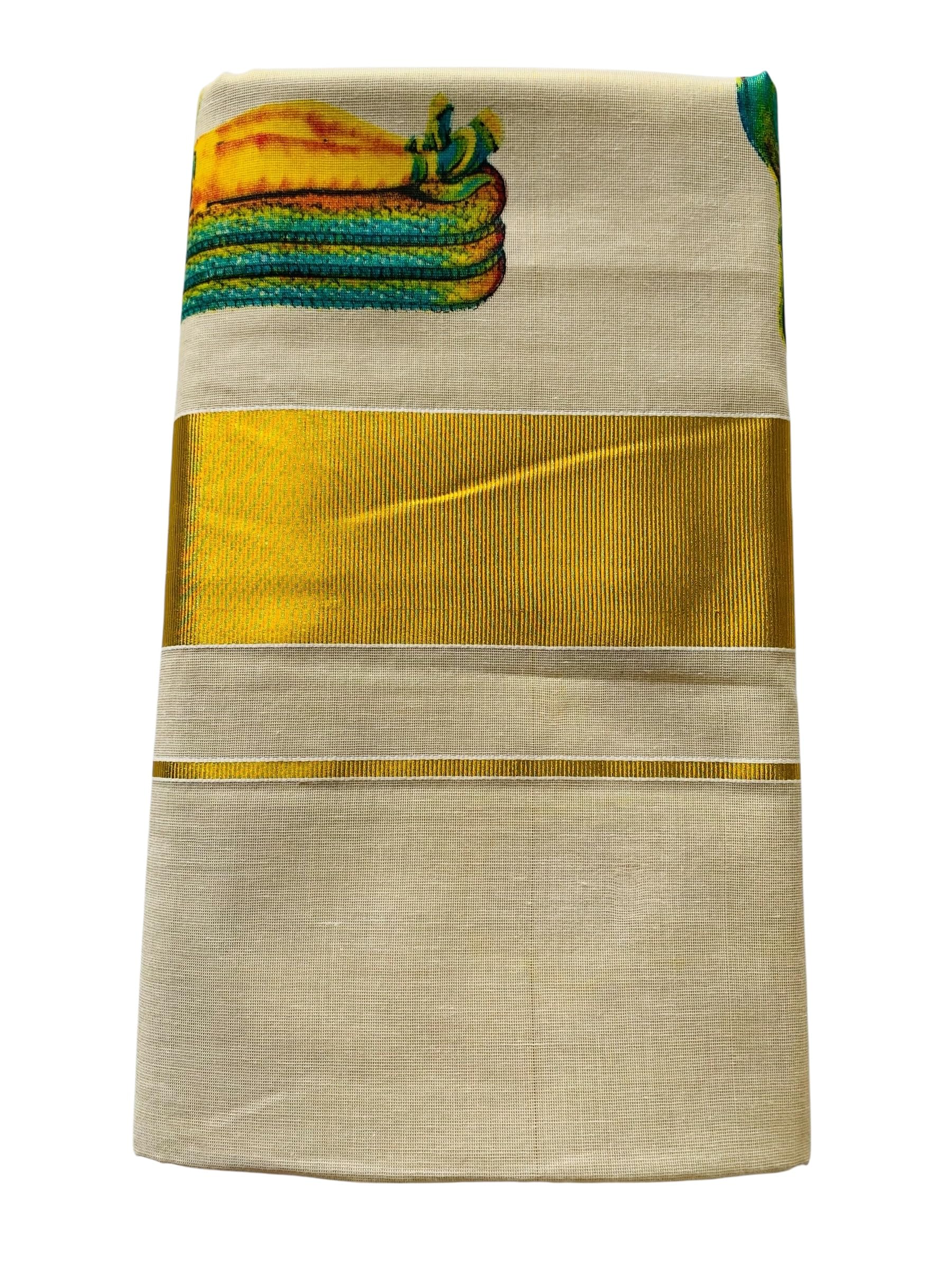 Kuthampully Kerala Saree |Traditional South Indian Sarees |Onam Cotton Kasavu Saree |Authentic South Cultural Sarees With Running Blouse | Mural Hand Printed Kasavu Saree | EKM-665 Pack -1