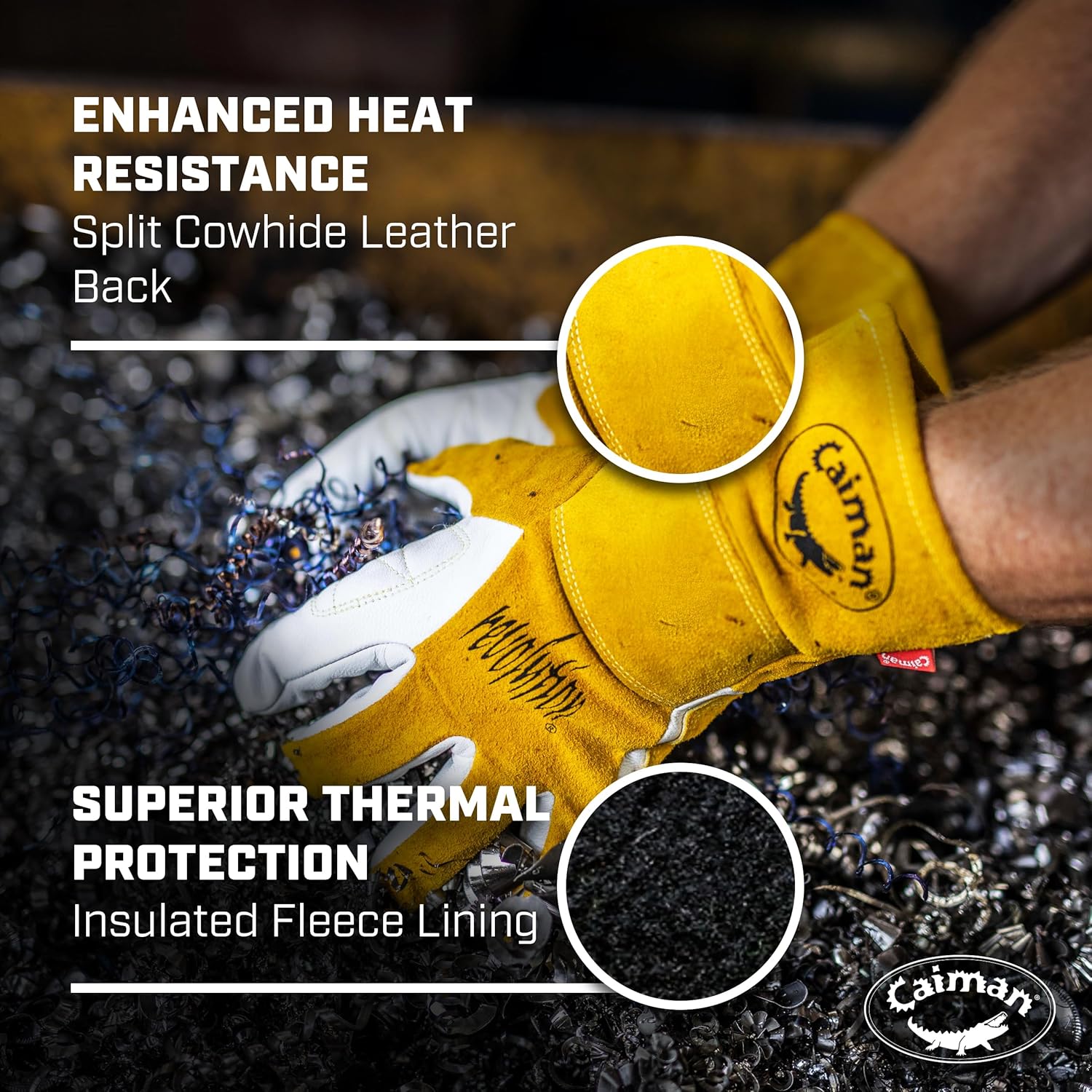 Caiman White/Gold Goat Grain Kontour Welding Gloves Arched Wrist Unlined Palm with Insulated Back/Padded Palm/Reinforced