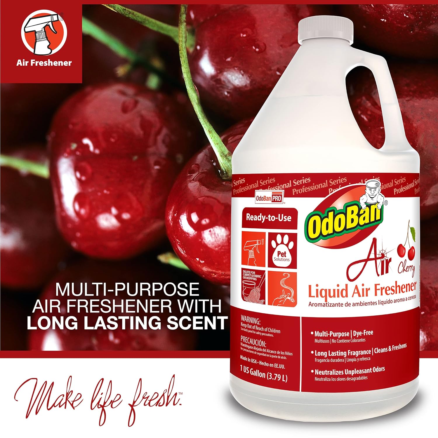 OdoBan Professional Series Ready-to-Use Air Cherry Liquid Air Freshener, Made in the USA, Cherry Scent, 1 Gallon