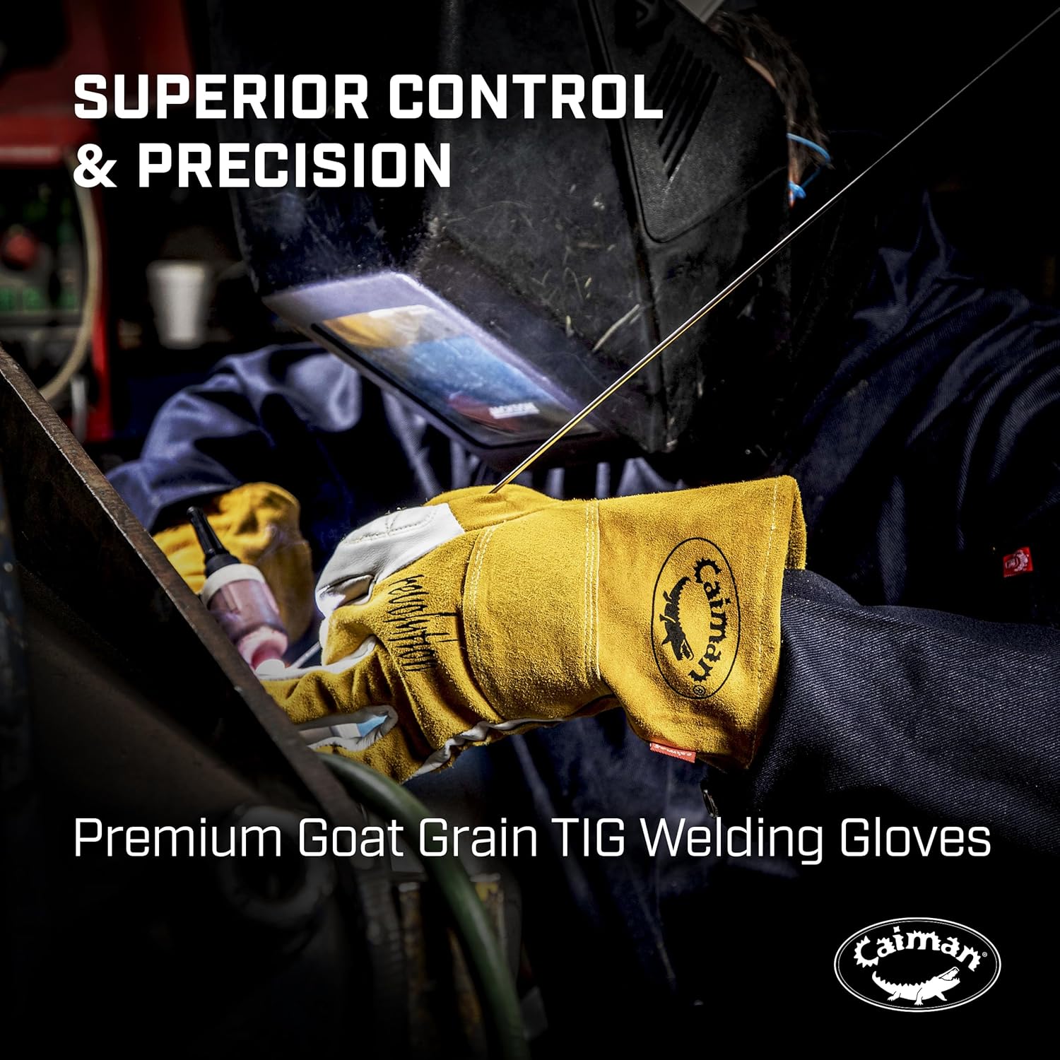 Caiman White/Gold Goat Grain Kontour Welding Gloves Arched Wrist Unlined Palm with Insulated Back/Padded Palm/Reinforced