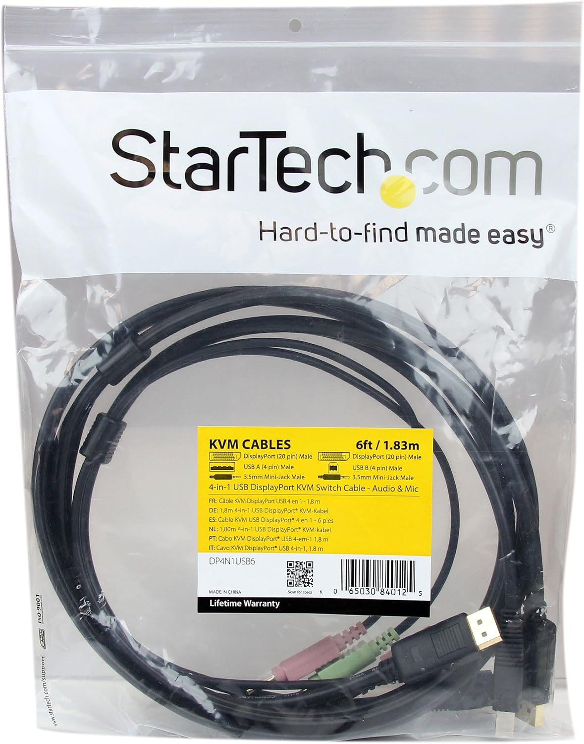 StarTech.com 6ft 4-in-1 USB DisplayPort KVM Switch Cable w/Audio & Microphone (DP4N1USB6),Black