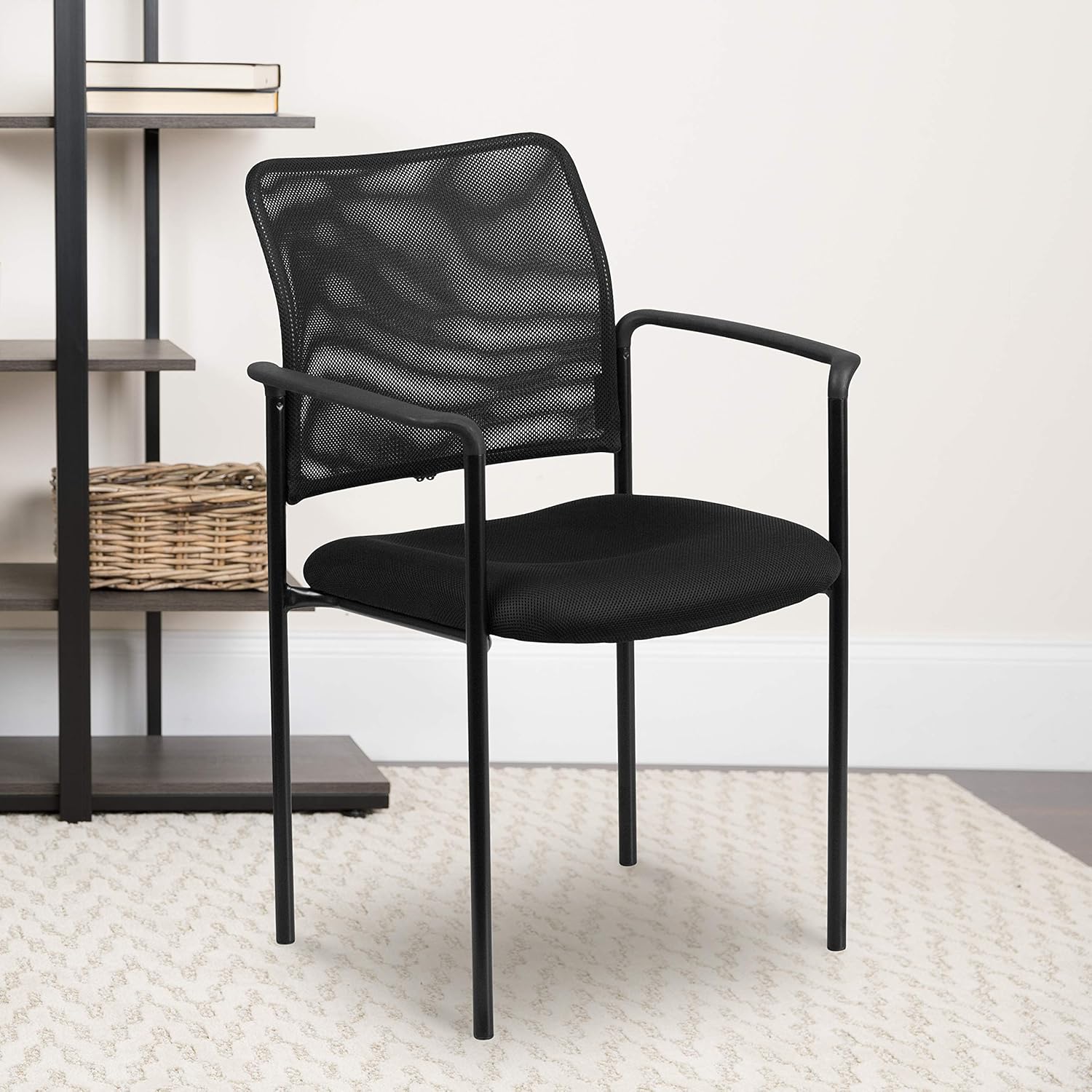 Flash Furniture Jana Comfort Black Mesh Stackable Steel Side Chair with Nylon Arms and Built-In Lumbar Support Contemporary