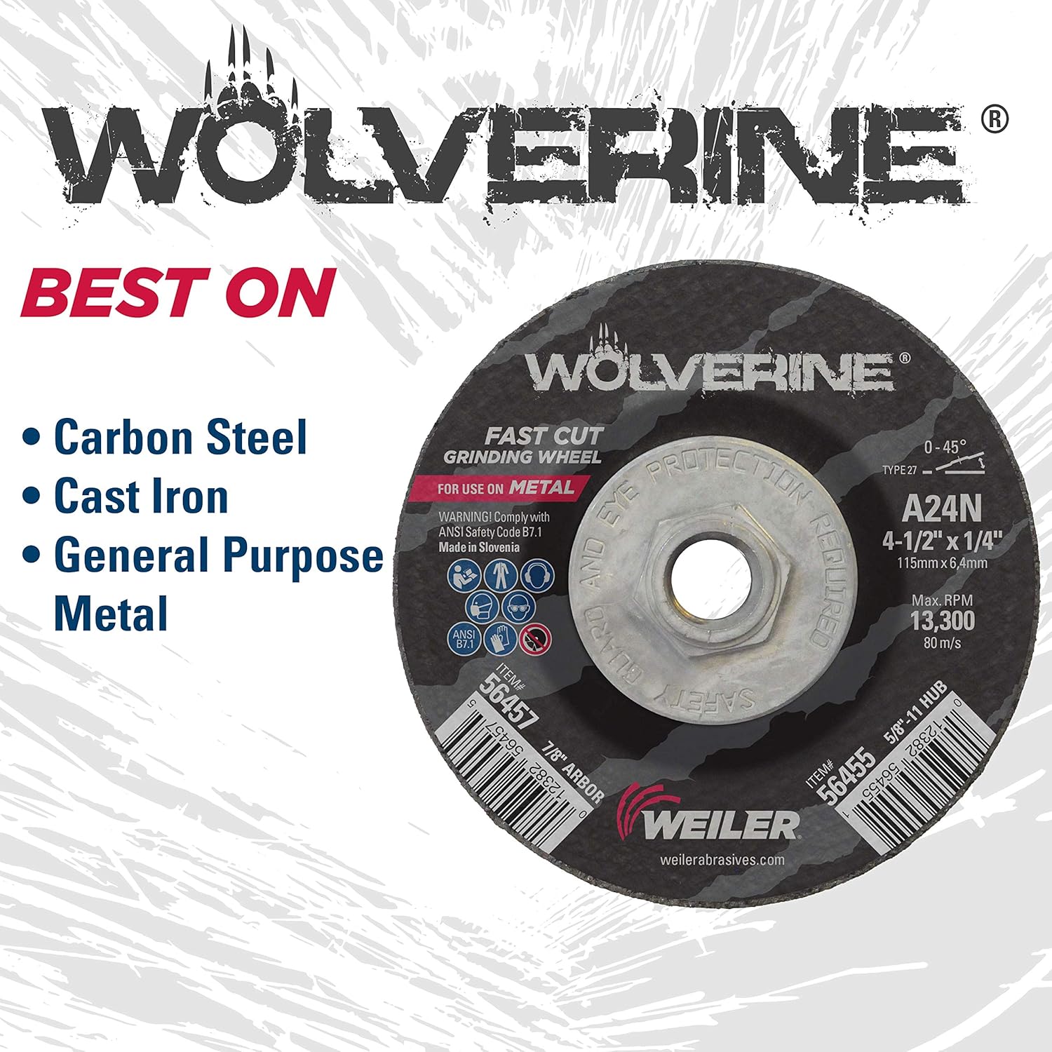 Weiler 56455 4-1/2" X 1/4" Wolverine Type 27 Grinding Wheel, A24N, 5/8"-11 Nut (pack of 1)
