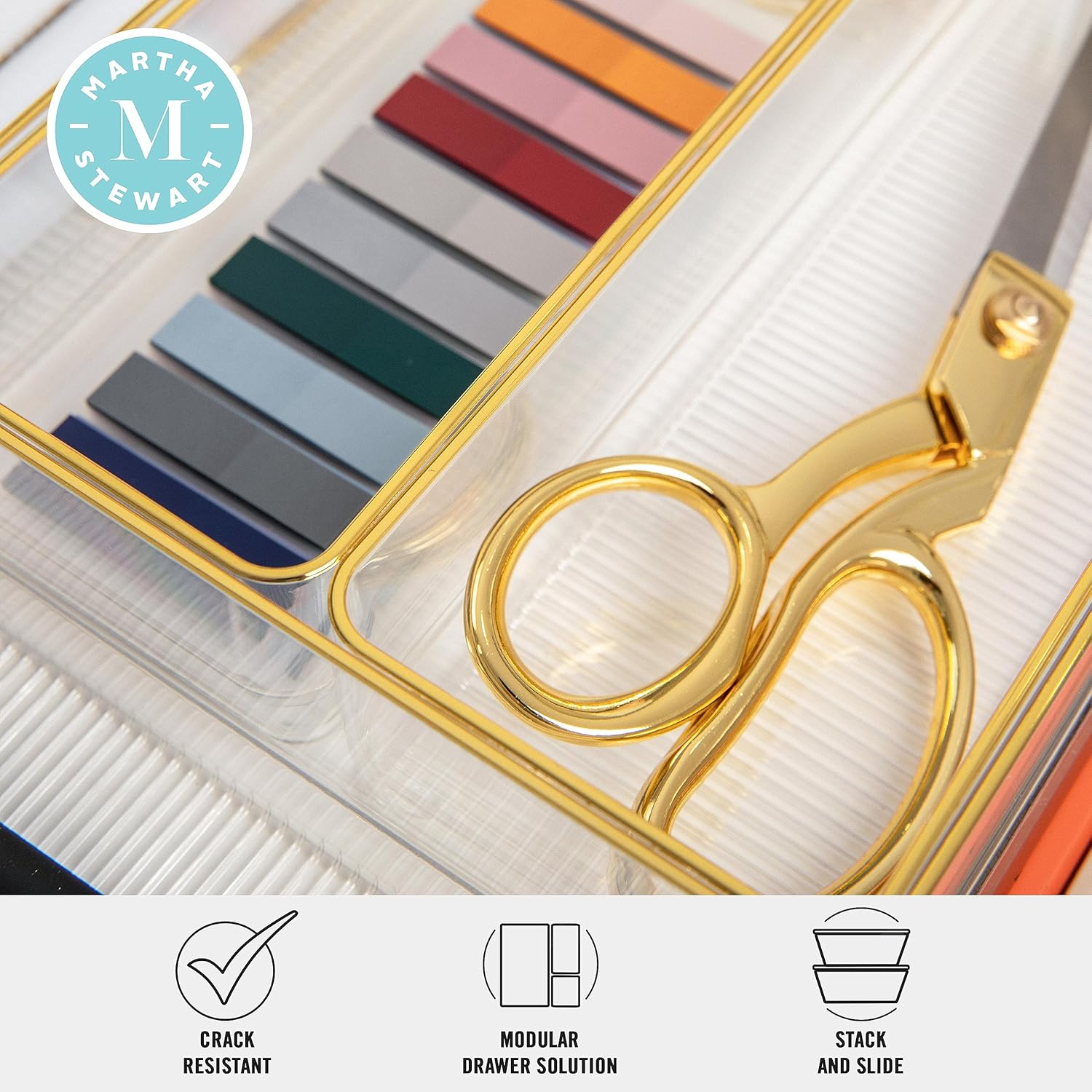 Martha Stewart Kerry Plastic Stackable Office Desk Drawer Organizers with Gold Trim