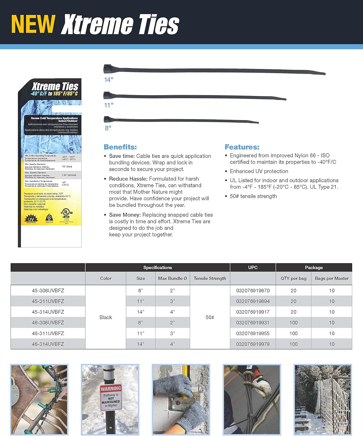 Gardner Bender 46-314UVBFZ Xtreme Temperature Cable Tie, 14 inch, Cold and Hot Weather, 50 lb