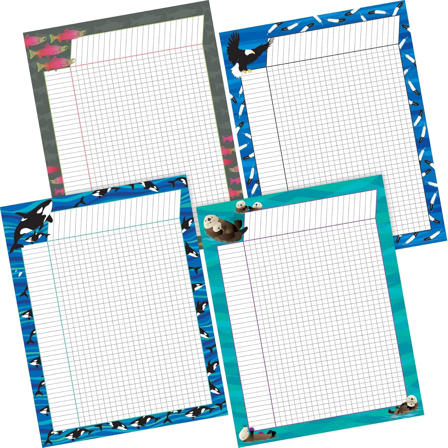Barker Creek Incentive Chart Set of 4, Sea & Sky, 4 Coordinating Incentive Charts Featuring Orcas, Eagles, Otters