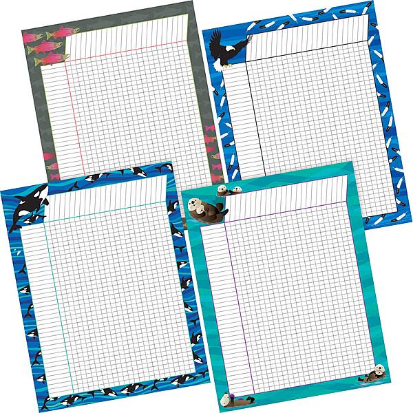 Barker Creek Incentive Chart Set of 4, Sea & Sky, 4 Coordinating Incentive Charts Featuring Orcas, Eagles, Otters, and Salmon, Charts Measure 17" x 22" (500)