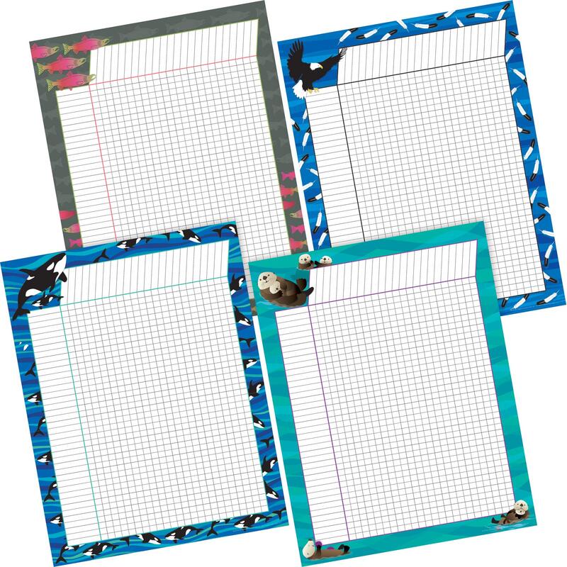 Barker Creek Incentive Chart Set of 4, Sea & Sky, 4 Coordinating Incentive Charts Featuring Orcas, Eagles, Otters, and Salmon, Charts Measure 17" x 22" (500)