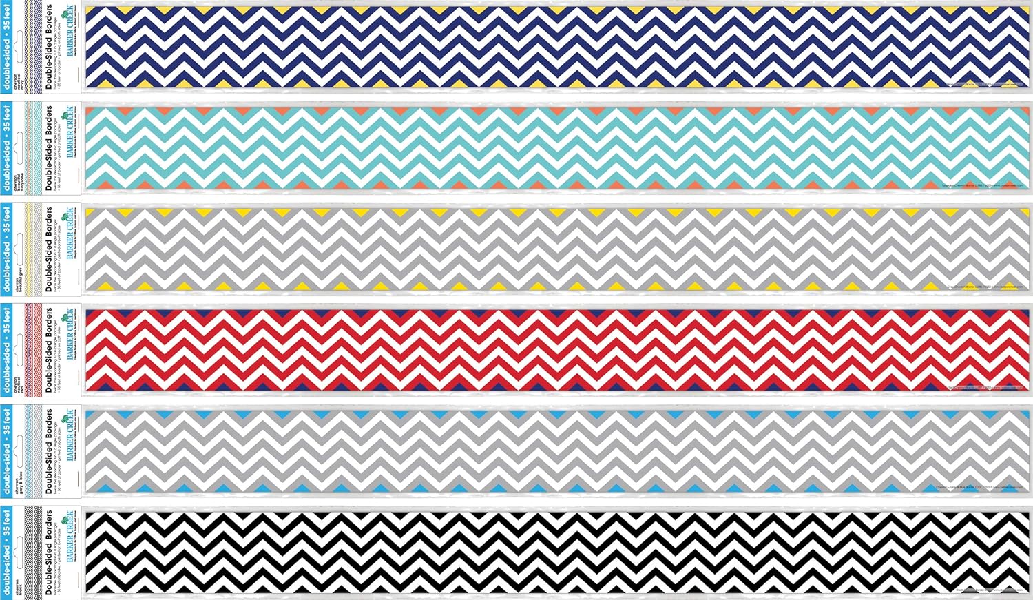 Barker Creek Double-Sided Border 6-Pack, Chevron, Multi-Design, 35' Each of 6 Colorful Sets of Double-Sided Border