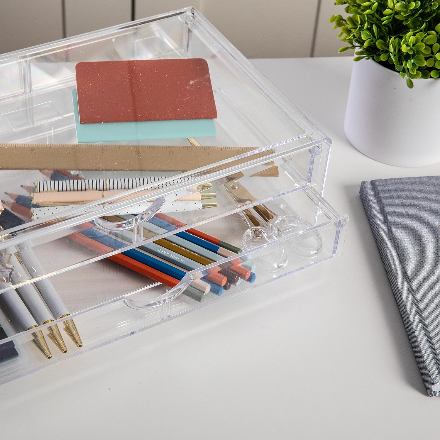 Martha Stewart Brody Desk Organizer with Drawers, Stackable Plastic Storage Box