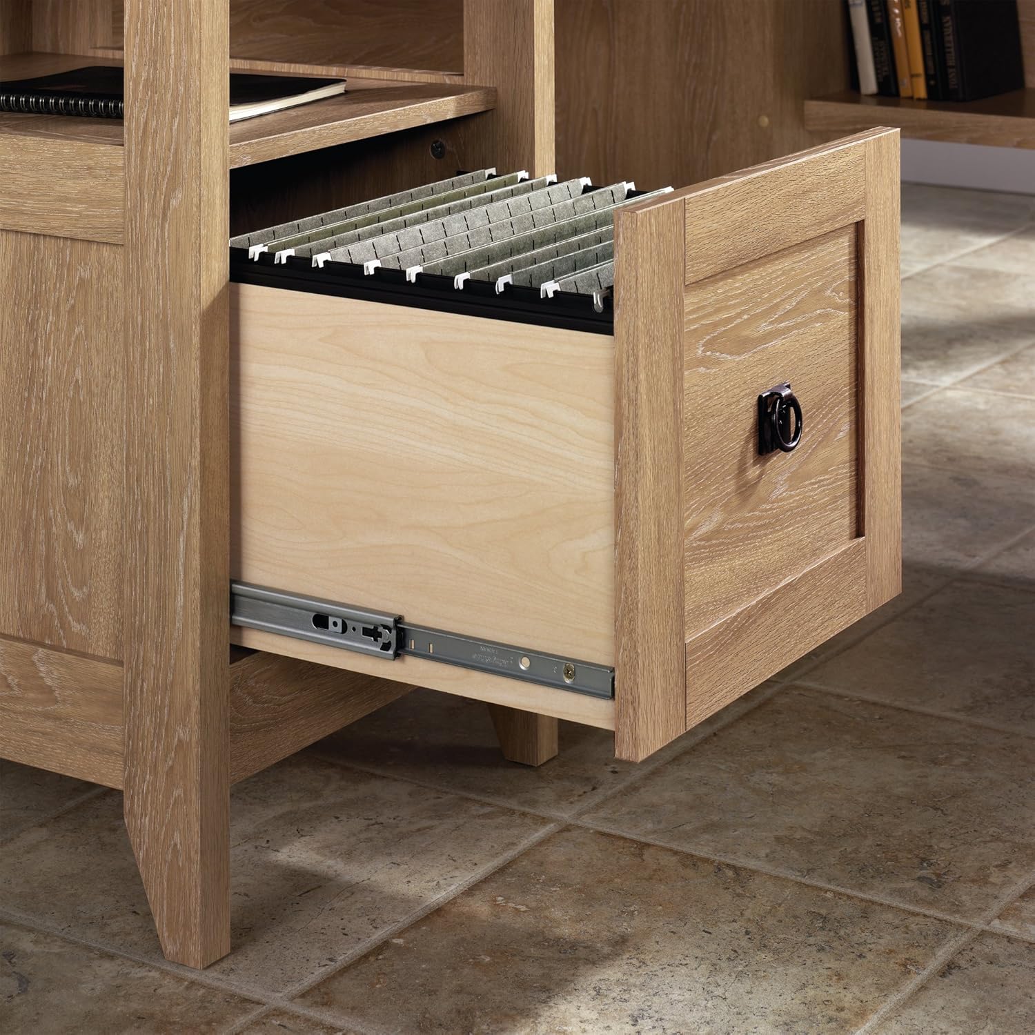 Sauder August Hill L-Shaped Corner Desk with Storage Drawer and Open Shelf for Home Office, in Dover Oak finish