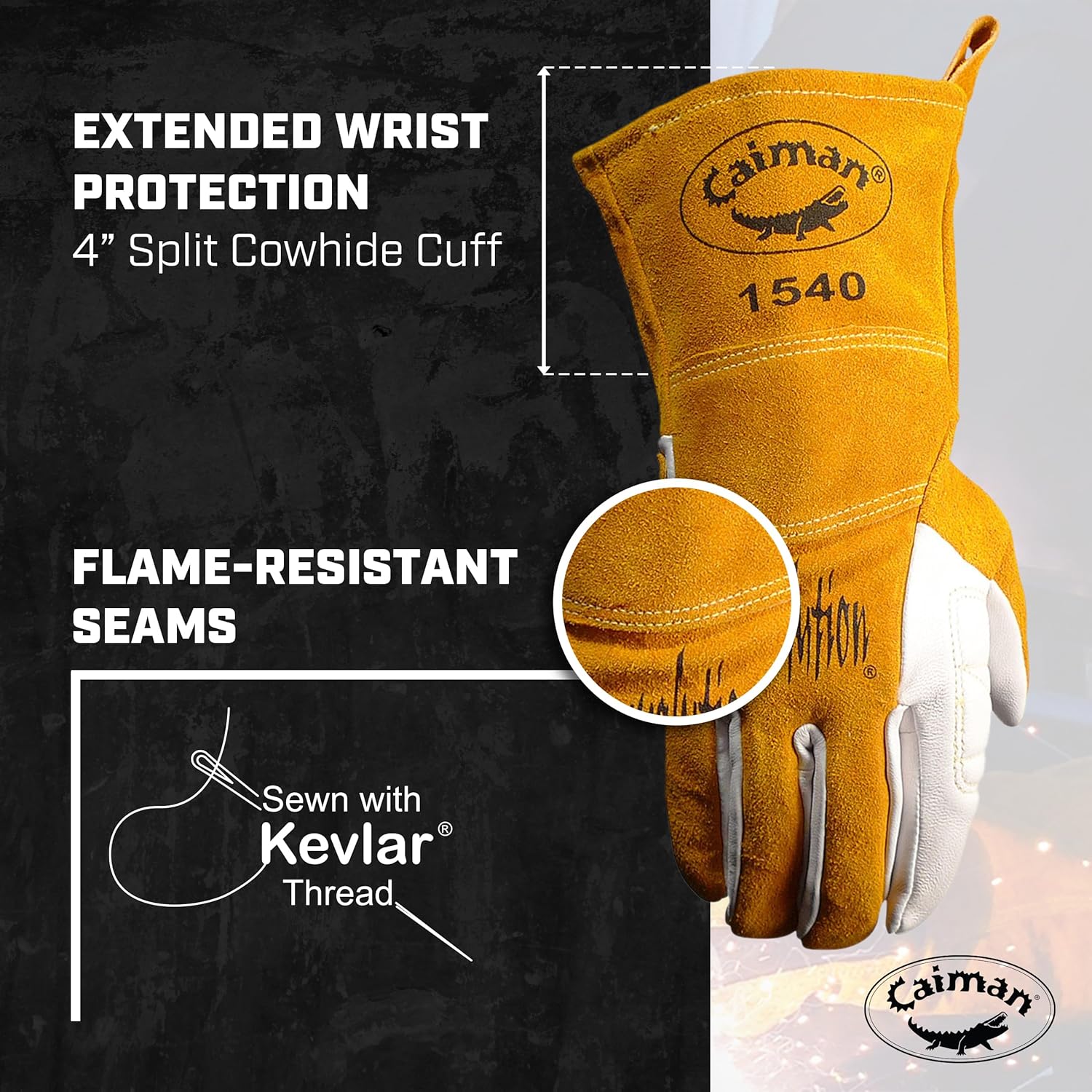 Caiman White/Gold Goat Grain Kontour Welding Gloves Arched Wrist Unlined Palm with Insulated Back/Padded Palm/Reinforced