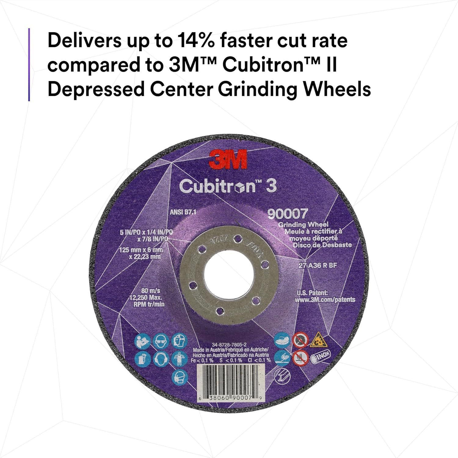 3M Cubitron 3 Depressed Center Grinding Wheel, 90002, 36+, T27, 4-1/2 in x 1/4 in x 5/8 in-11, Pack of 10, ANSI