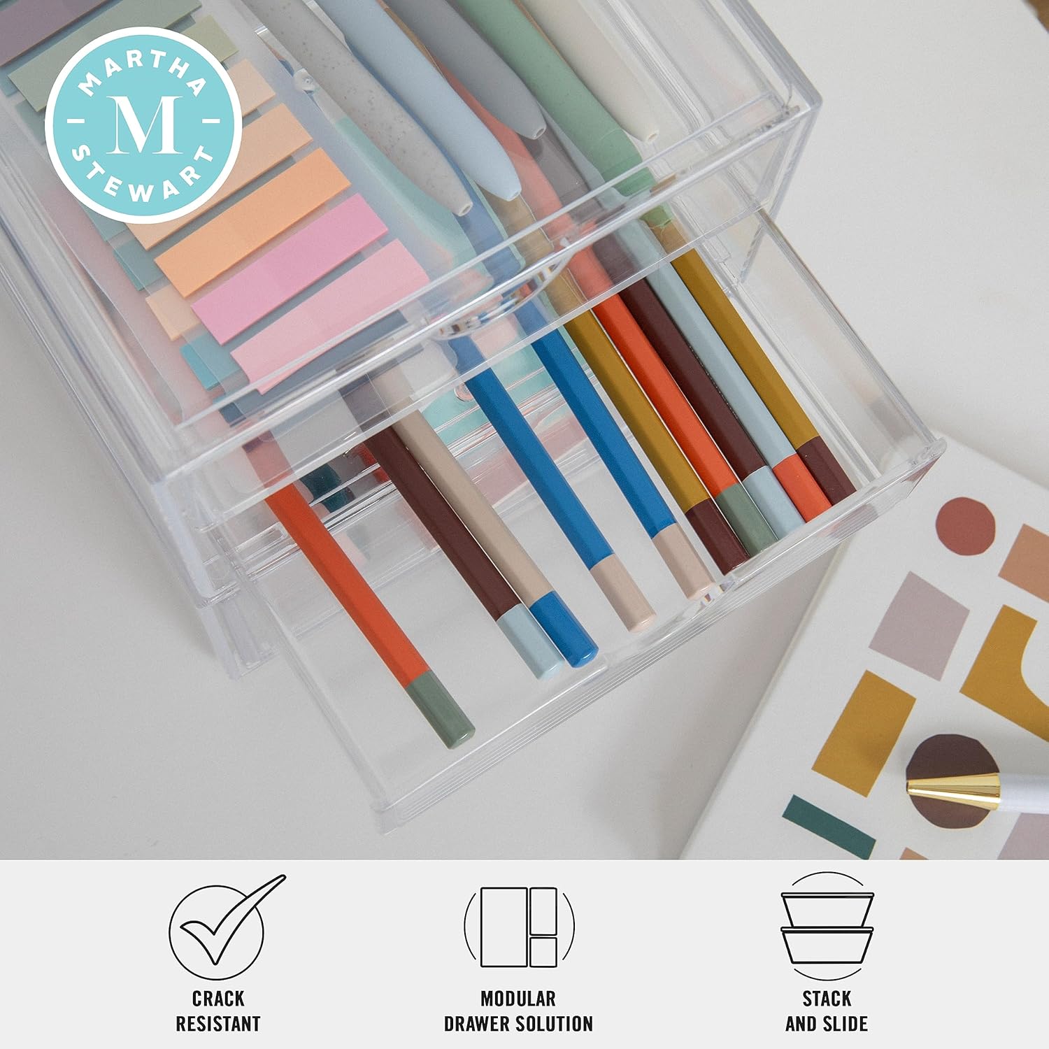 Martha Stewart Brody 2 Pack Desk Organizers, Single Drawer Box and 2 Drawer Box, Stackable Plastic Storage for Office