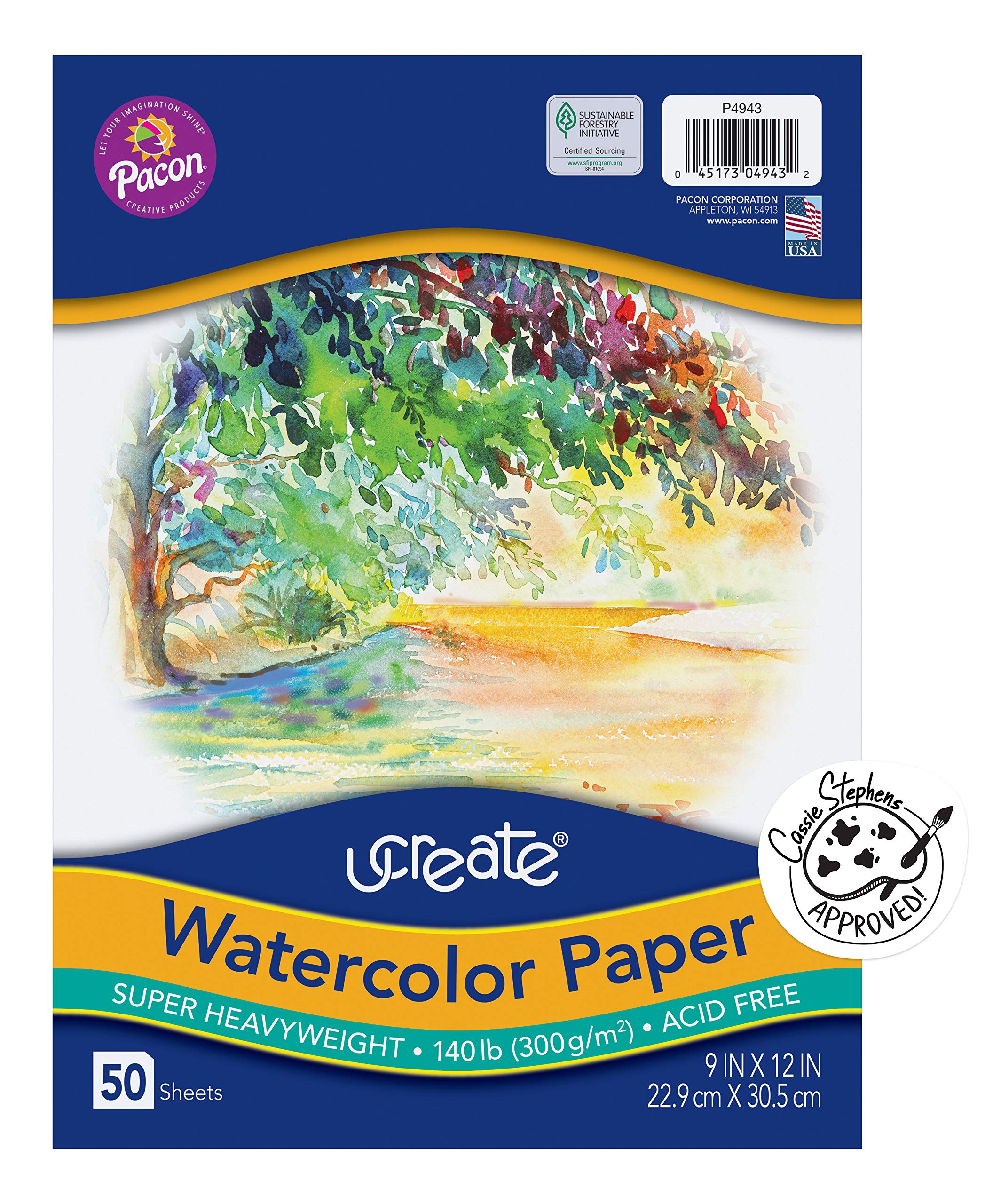 Pacon UCreate Watercolor Paper, 9in x 12in, White, 50 Sheets Per Pack, Case Of 2 Packs