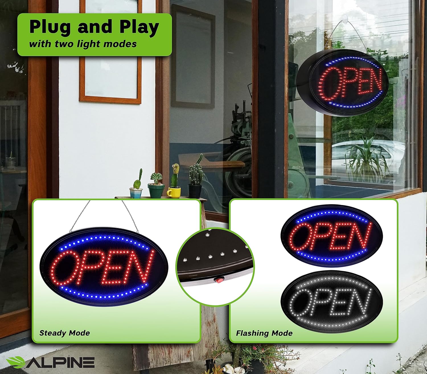 Alpine Led Open Signs for Business Window - Flashing & Stable Bright High Visibility Lighted Open Led Sign