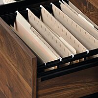 Sauder Harvey Park Tall Bookcase with Drawers, Mid-Century Modern Design, Narrow Bookcase - Grand Walnut Finish