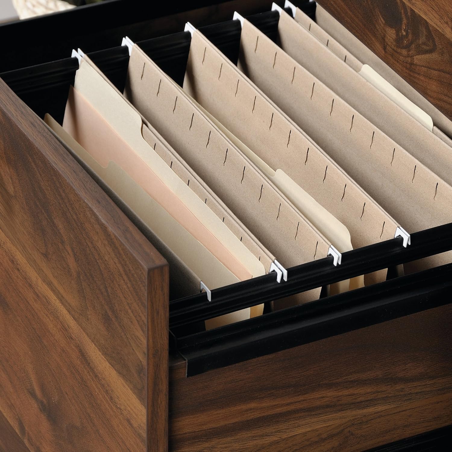 Sauder Harvey Park Tall Bookcase with Drawers, Mid-Century Modern Design, Narrow Bookcase - Grand Walnut Finish