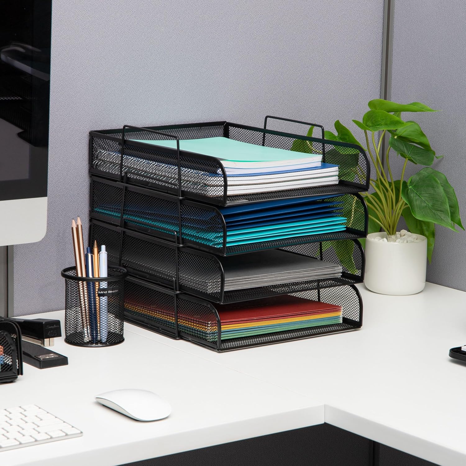 MIND READER 4-Tier Stackable Paper Tray Desktop Organizer, Metal Mesh