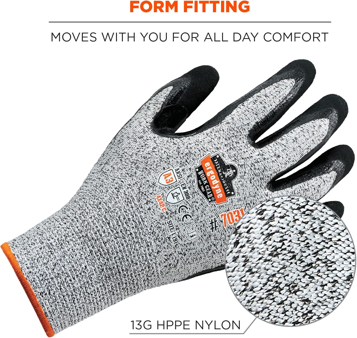 Ergodyne Nitrile Coated Work Gloves, Cut Resistant Level A3, Grip For Wet or Dry Enviroments, ProFlex 7031,Gray