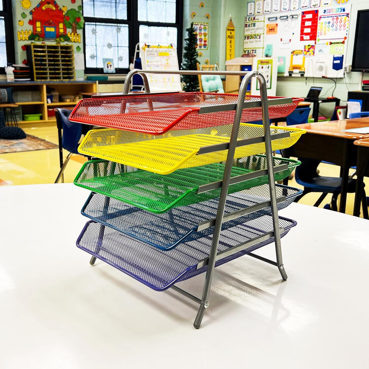 MIND READER 5-Tier Paper Tray Organizer, Metal Mesh Desktop File Storage