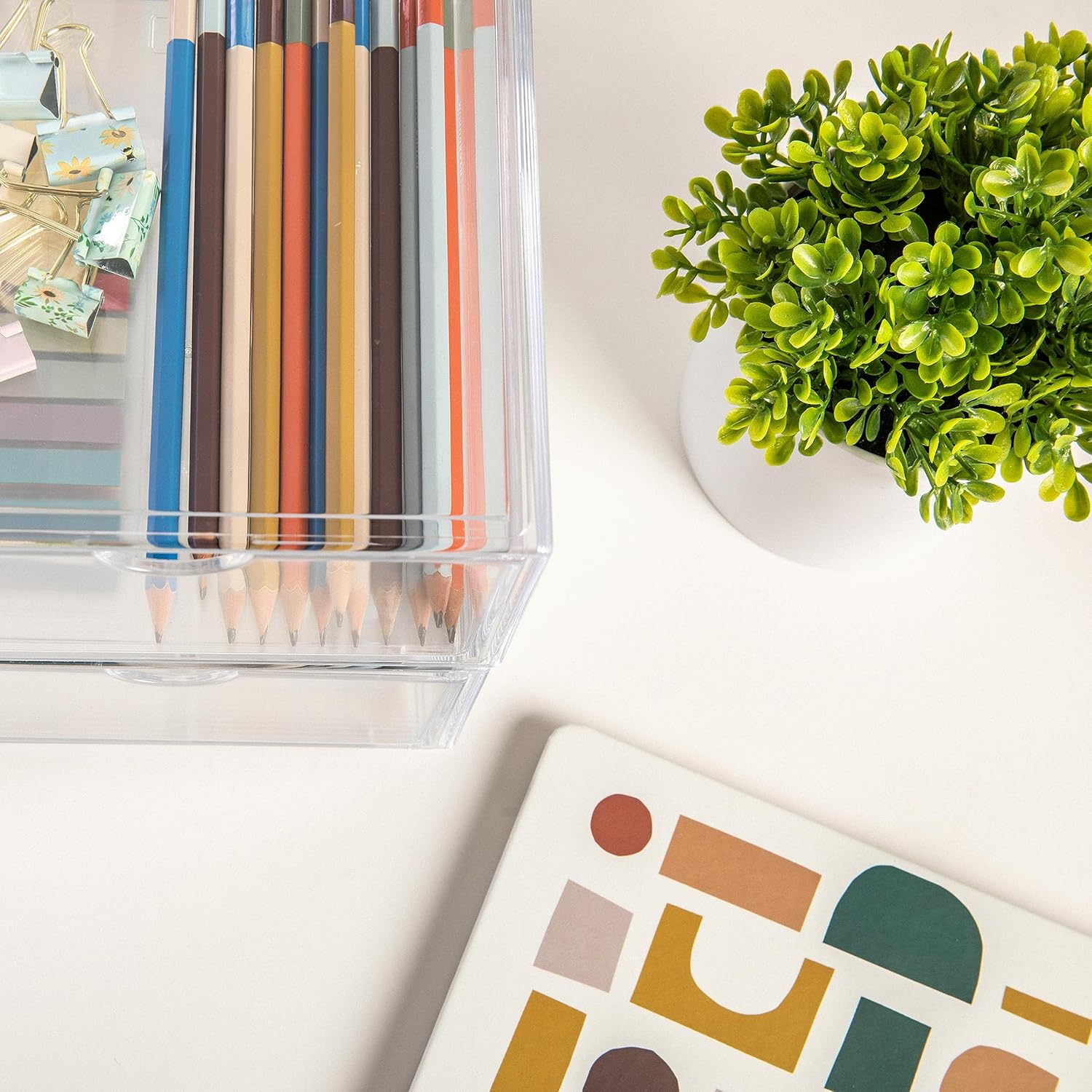 Martha Stewart Brody Desk Organizer with Drawers, Stackable Plastic Storage Box