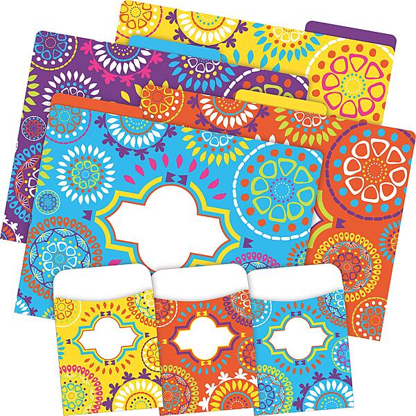 Barker Creek Designer File Folder and Library Pocket Set, Moroccan, 12 Colorful File Folders and 30 Coordinating Peel & Stick Library Pockets, Home, School and Office Supplies (3545)