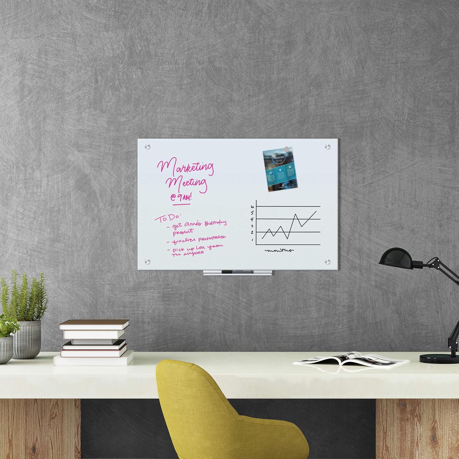 U BRANDS Magnetic Glass Dry Erase Board, White Frosted Surface, Frameless