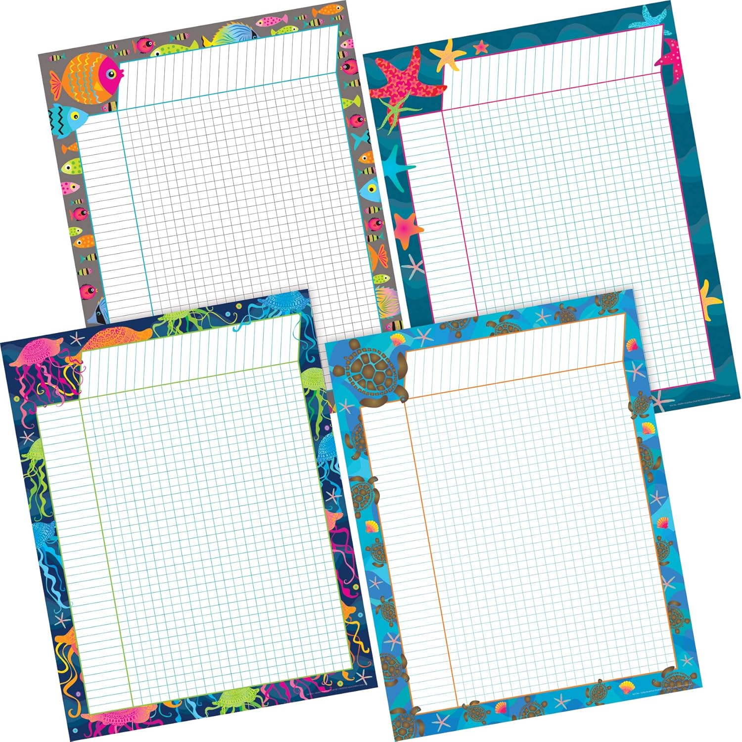 Barker Creek Kai Ola Incentive Chart Set of 4, Four Coordinating Incentive Charts in Colorful Tropical Sea Life Designs