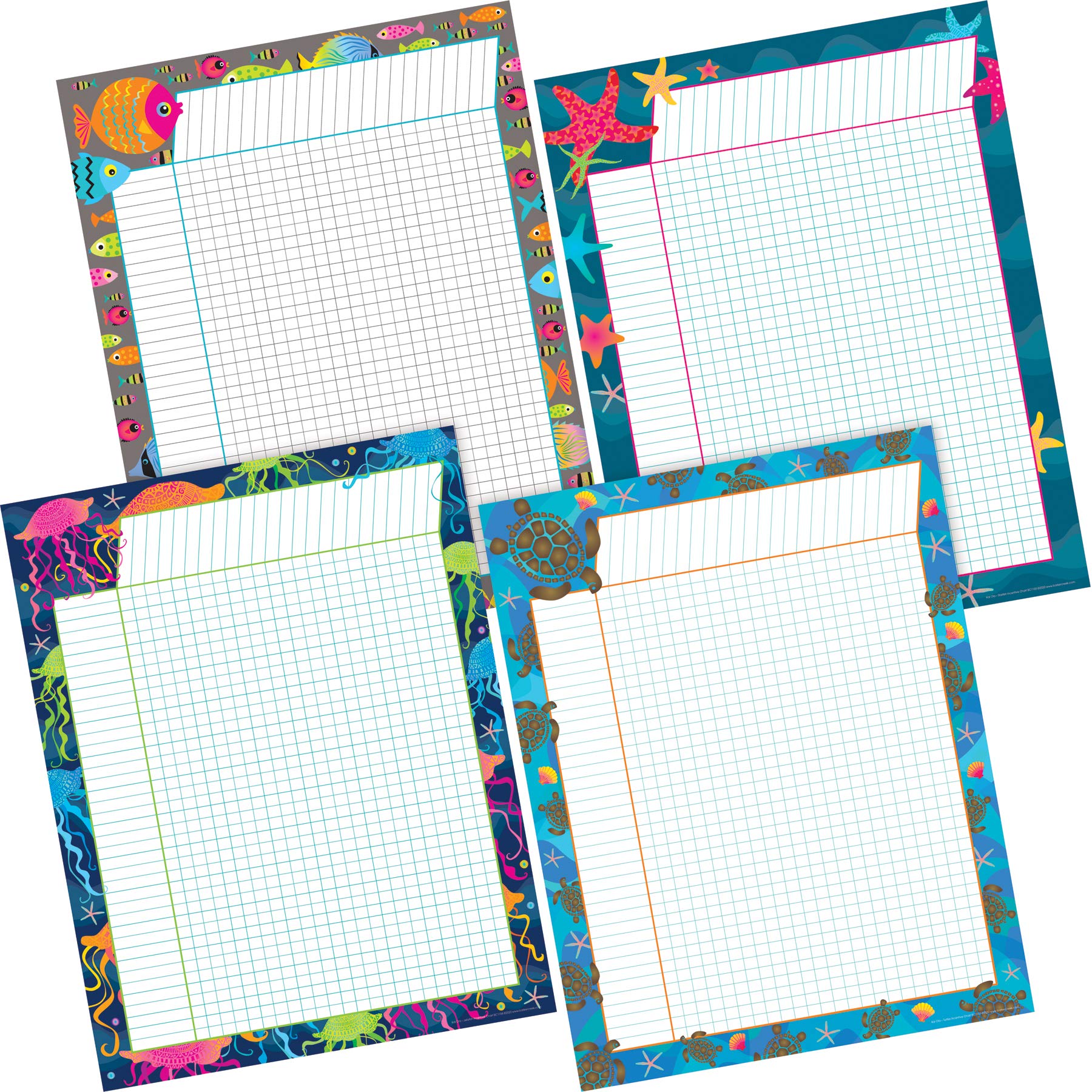 Barker Creek Kai Ola Incentive Chart Set of 4, Four Coordinating Incentive Charts in Colorful Tropical Sea Life Designs