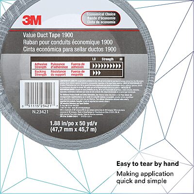 3M Value Duct Tape 1900, Silver Color, Thin Duct Tape, High Tack Adhesive, Moisture Resistant, 1.88 in x 50 yd, 5.8 mil
