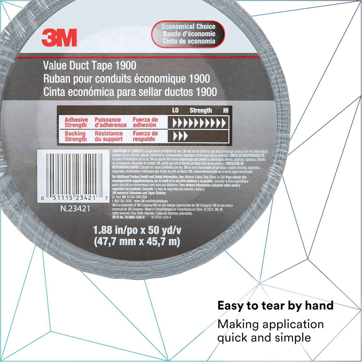 3M Value Duct Tape 1900, Silver Color, Thin Duct Tape, High Tack Adhesive, Moisture Resistant, 1.88 in x 50 yd, 5.8 mil