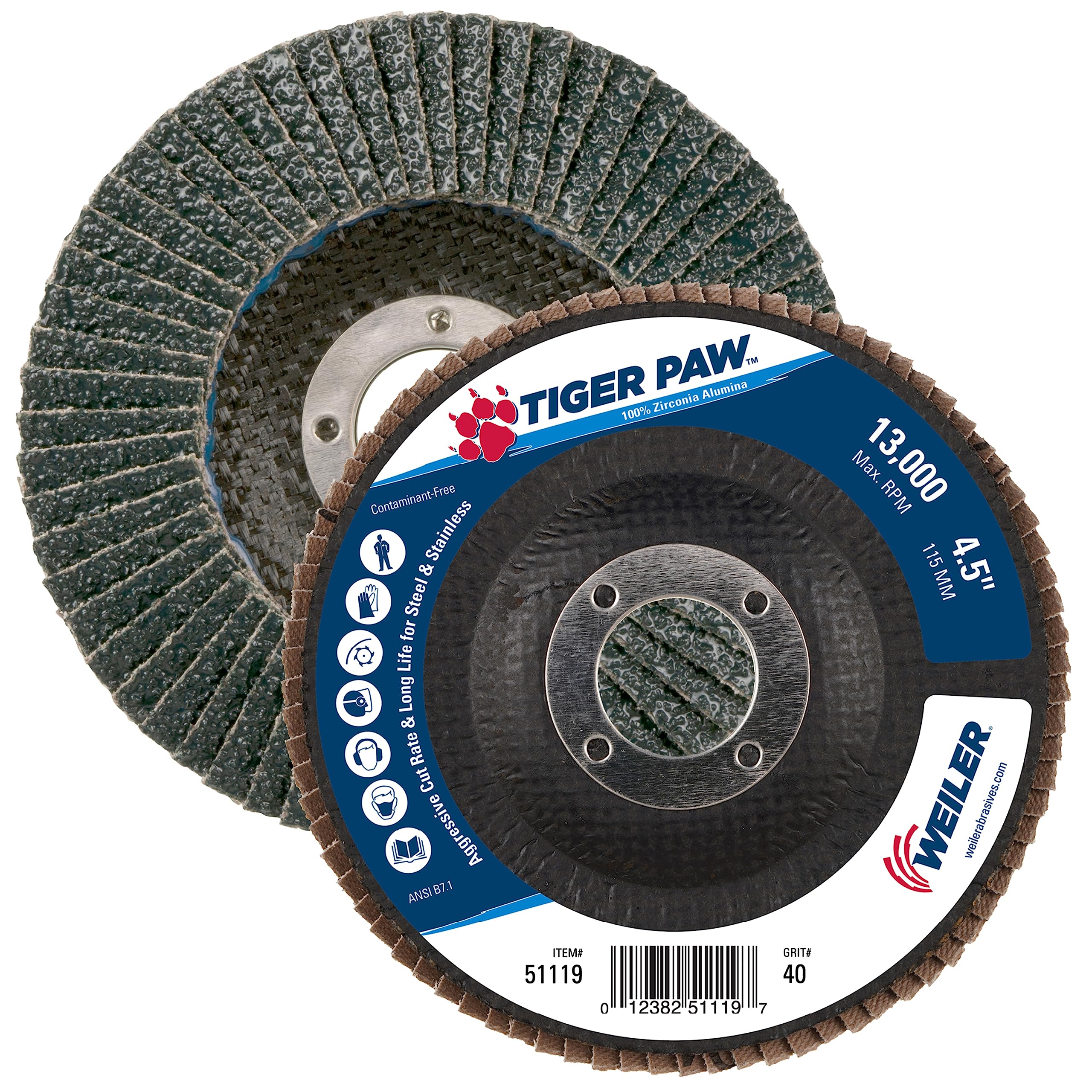 Weiler 51119 4-1/2" Tiger Paw Abrasive Flap Disc, Angled (Ty29), Phenolic Backing, 40Z
