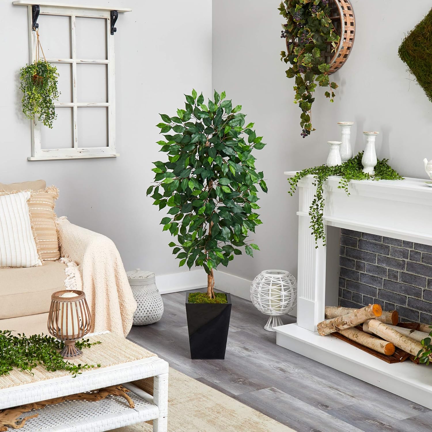 Nearly Natural Ficus 60inH Artificial Plant With Metal Planter, 60inH x 21inW x 19inD, Green/Black