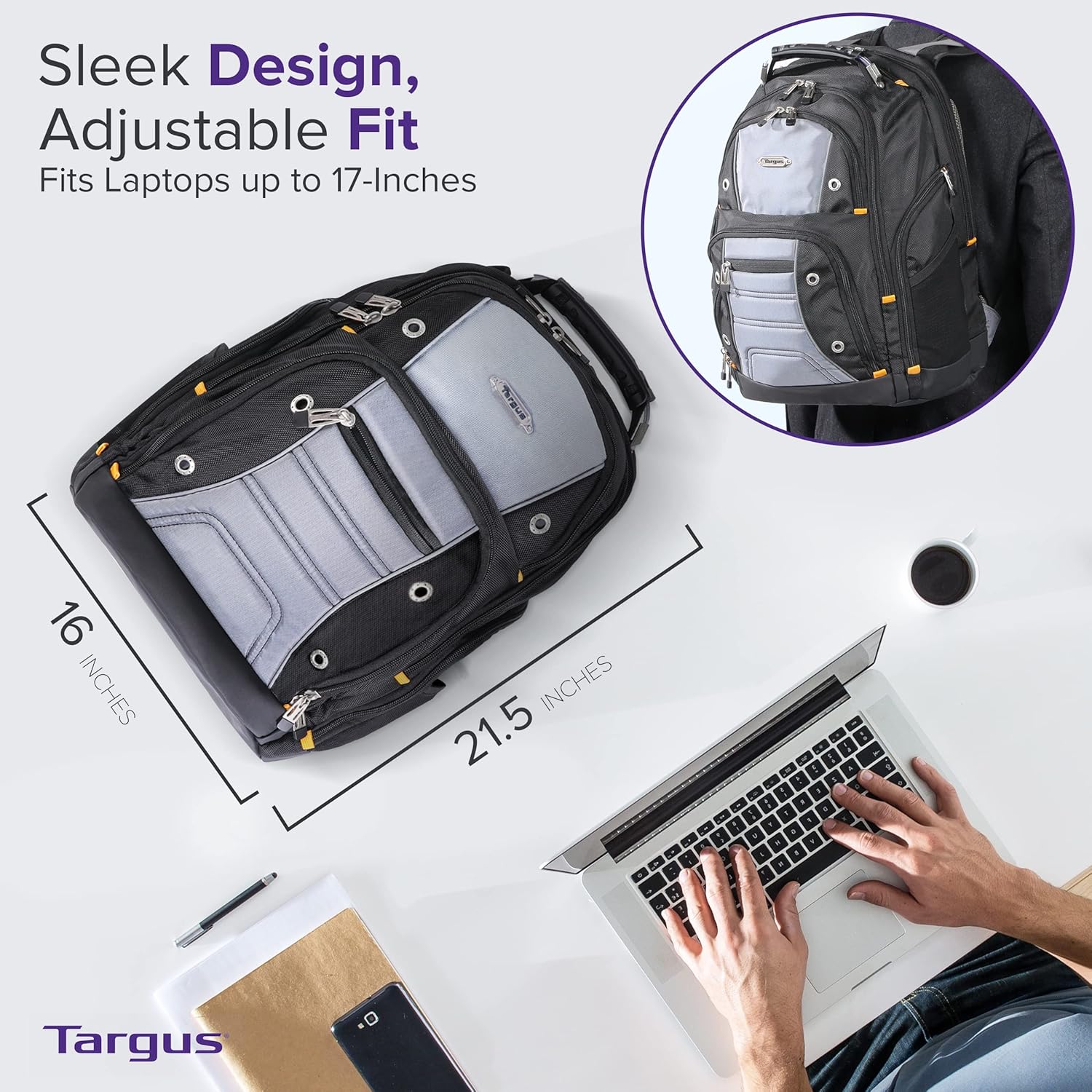Targus Drifter II Laptop Backpack, Black/Gray – Backpack for Men for Business and Travel, Durable Water-Resistant Material