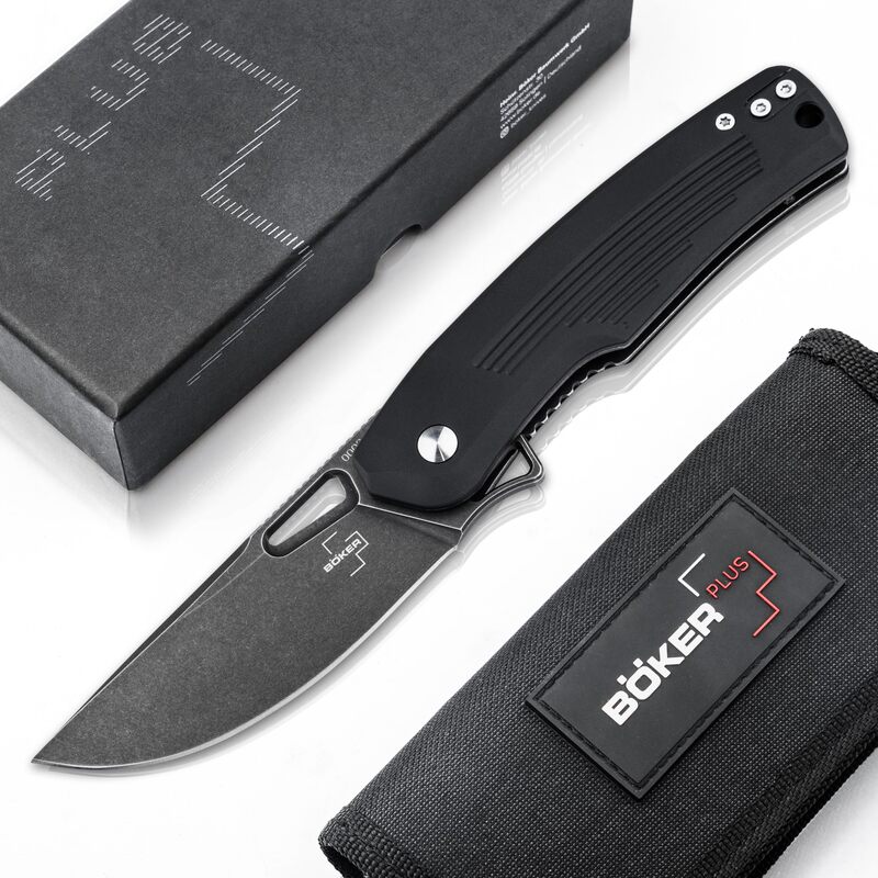 BÖKER PLUS® Nahal Flipper knife - military tactical knife with thumb hole - black D2 blade