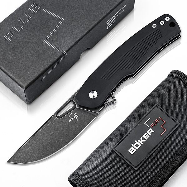 BÖKER PLUS® Nahal Flipper knife - military tactical knife with thumb hole - black D2 blade - tactical folding knife with clip - with case & gift box