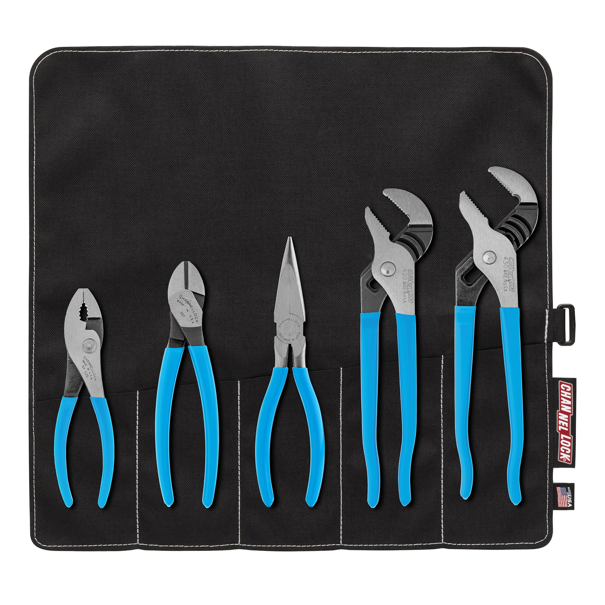 Channellock TOOL ROLL-3 5 Piece Pliers Set|Fast Release Handy Vinyl Pouch Features Long Nose,Diagonal Cutter,Slip Joint