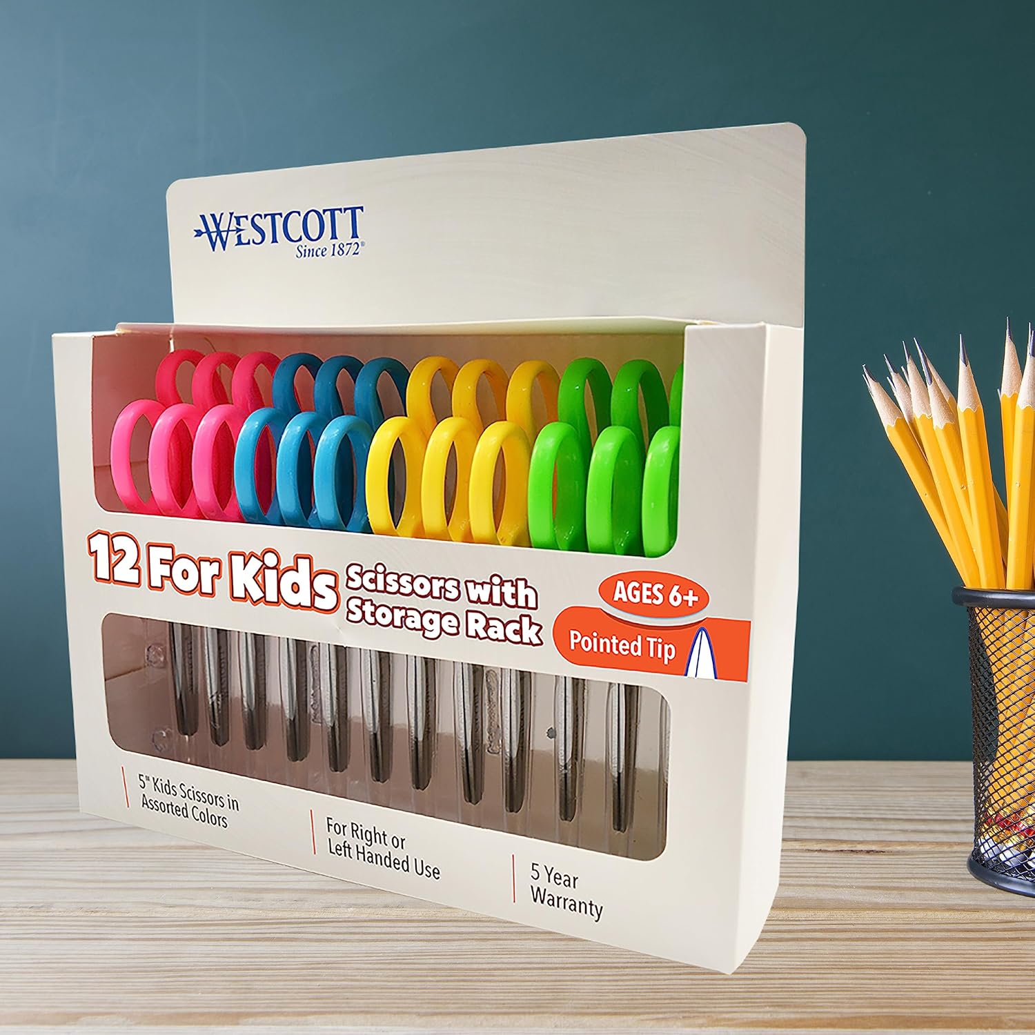 WESTCOTT 5-inch Pointed Kids Scissors, Molded Ambidextrous Handles, Stainless Steel