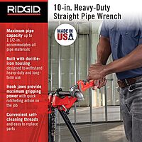 RIDGID 31010 Model 10 Heavy-Duty Straight Pipe Wrench, 10-inch Plumbing Wrench, Red, Black