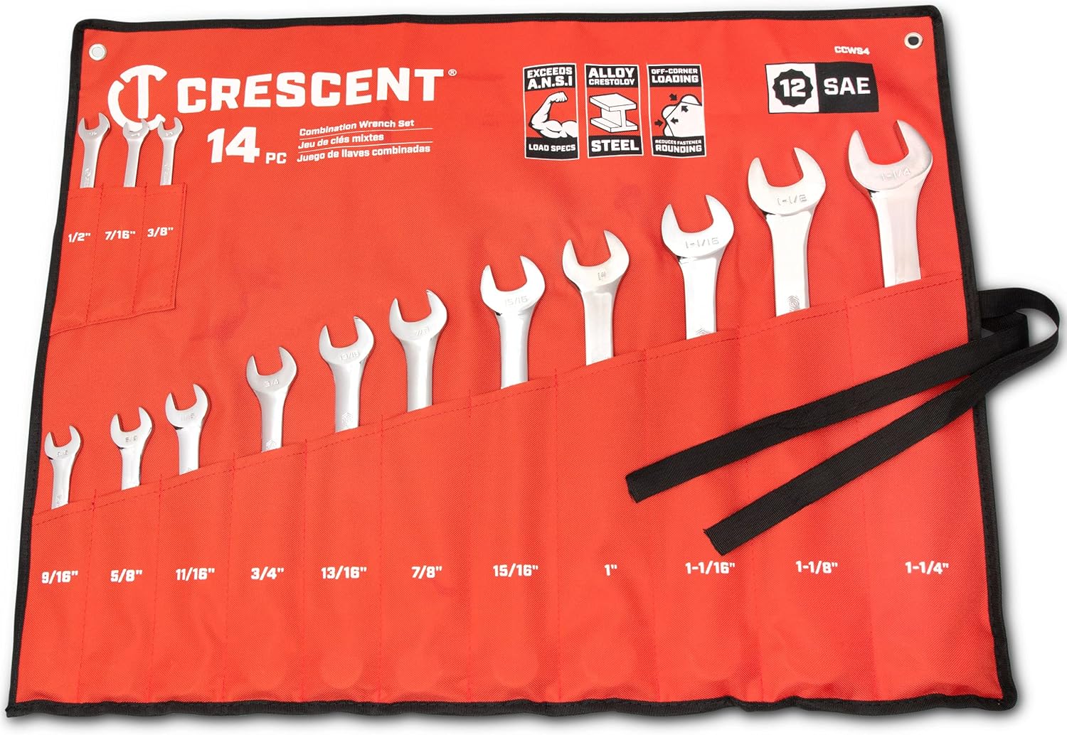 Crescent 14 Piece 12 Point SAE Combination Wrench Set with Tool Roll - CCWS4