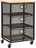 Mind Reader Cart with Drawers, Office Organizer, Storage, Bathroom, Metal Mesh, 15.75"L x 13"W x 24.25"H, Black 3-Drawers with Wood Top